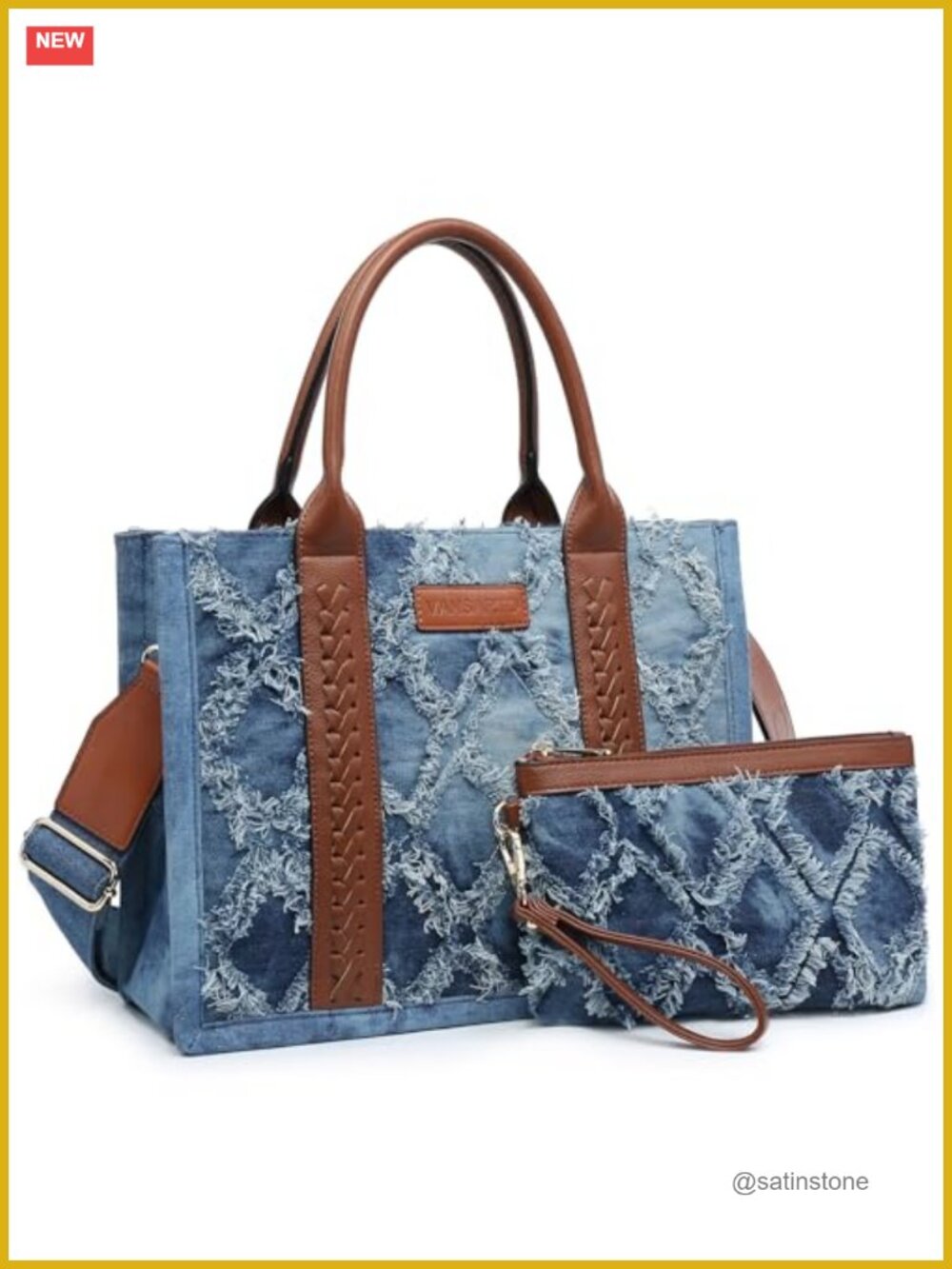 Vegan Leather Denim Tote Bag Satchel with Wristlet